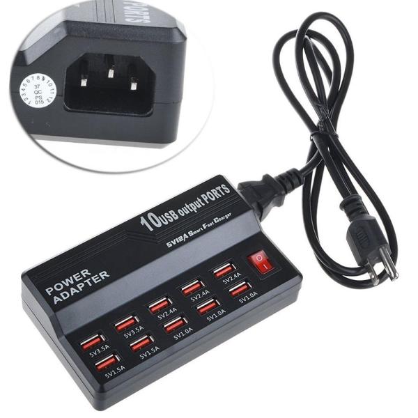 10-Port USB2.0 10A 50W Multi Charger Station with Switch 5V 1A 2.4A Output for Mobile Phones Convenient Travel Charger