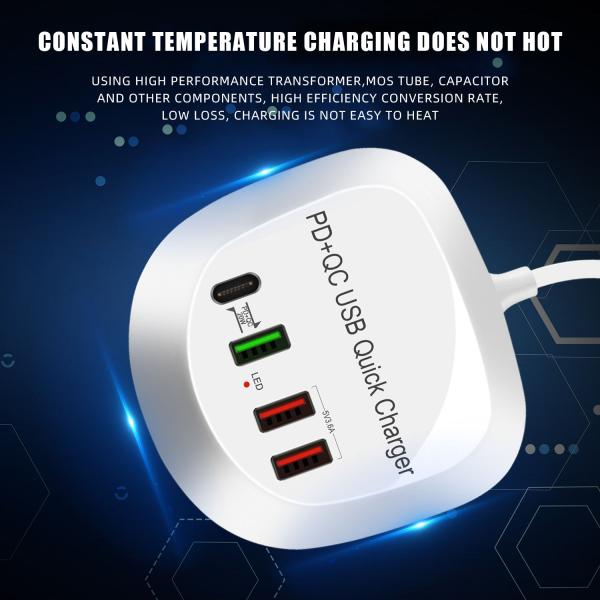 Portable 40W USB C Charger 4-in-1 4 Ports Mobile Phone USB Charging Station Compatible PD QC Port for US/EU/AU/UK Plug