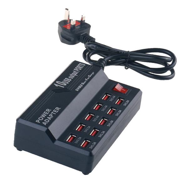 10-Port USB2.0 10A 50W Multi Charger Station with Switch 5V 1A 2.4A Output for Mobile Phones Convenient Travel Charger