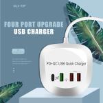 Portable 40W USB C Charger 4-in-1 4 Ports Mobile Phone USB Charging Station Compatible PD QC Port for US/EU/AU/UK Plug