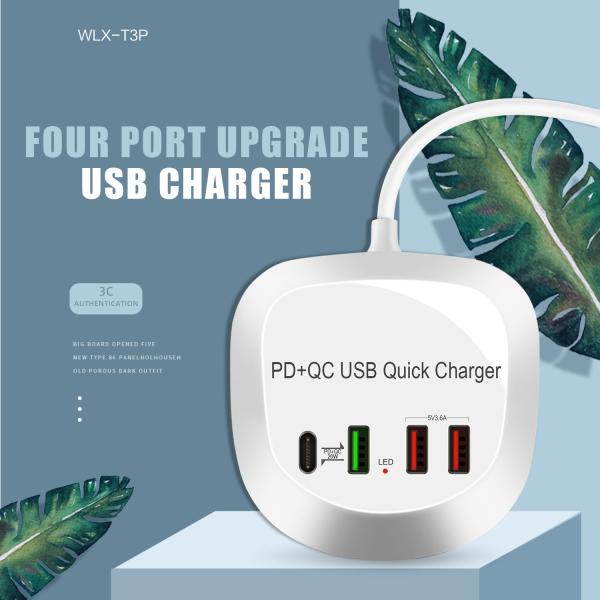 Portable 40W USB C Charger 4-in-1 4 Ports Mobile Phone USB Charging Station Compatible PD QC Port for US/EU/AU/UK Plug