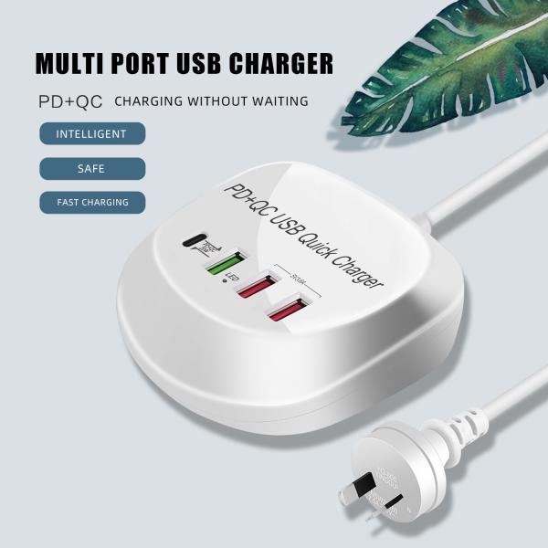 Portable 40W USB C Charger 4-in-1 4 Ports Mobile Phone USB Charging Station Compatible PD QC Port for US/EU/AU/UK Plug