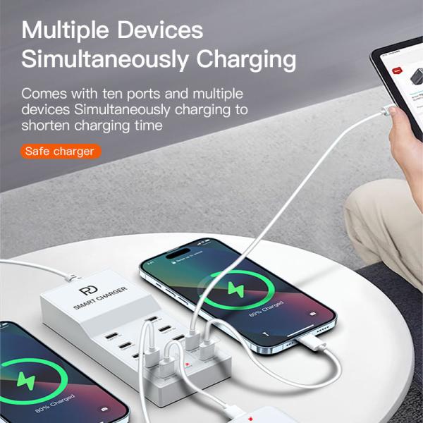 2024 10 Ports Type C PD USB Multi Charger Station Fast Charging Charger Dock Hub US EU UK Plug 5V 3A Output for Multiple Phones