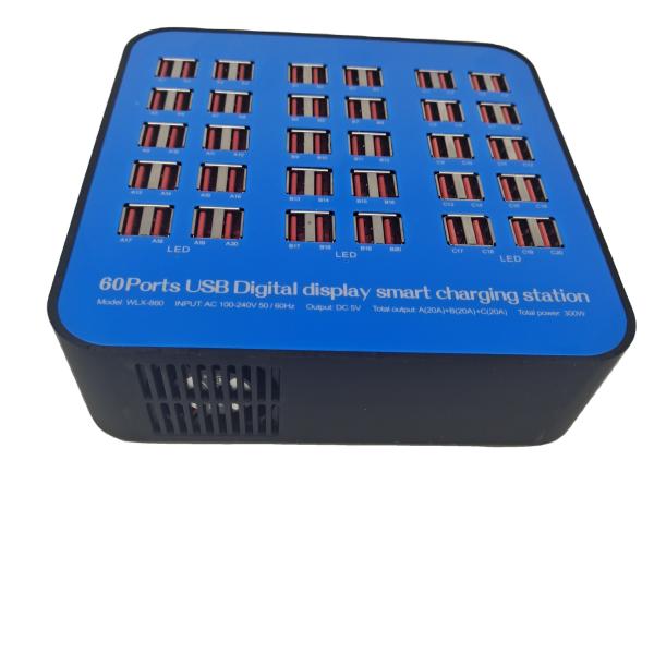 High Power 300W 60Port Fast Usb Charging Station with 2.4A Output Phone Charge Socket Standard for Hotels Schools and Businesses
